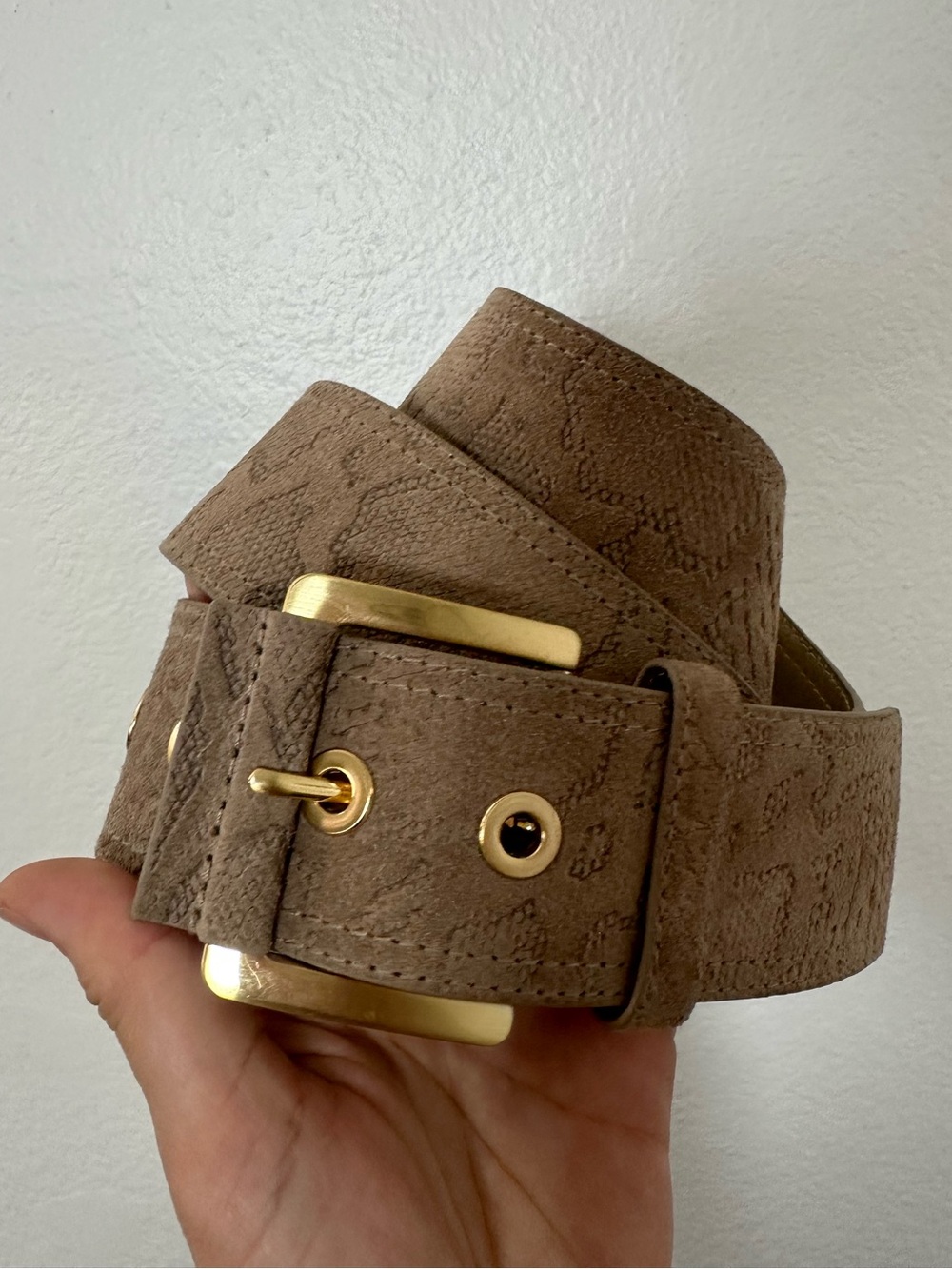 Via Spiga Wide Taupe Suede Reptile Embossed Leather Belt with Gold Buckle Size M